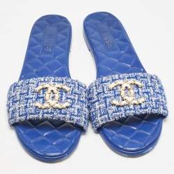 Chanel Blue Tweed CC Quilted Flat Slides Size 41.5