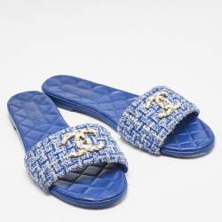 Chanel Blue Tweed CC Quilted Flat Slides Size 41.5