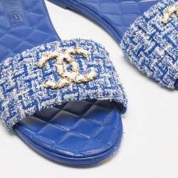 Chanel Blue Tweed CC Quilted Flat Slides Size 41.5