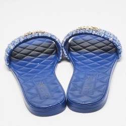 Chanel Blue Tweed CC Quilted Flat Slides Size 41.5