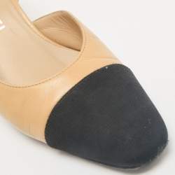 Chanel Beige/Black Leather and Fabric CC Cap Toe Slingback Pumps Size 35