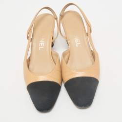 Chanel Beige/Black Leather and Fabric CC Cap Toe Slingback Pumps Size 35