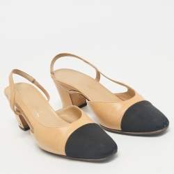 Chanel Beige/Black Leather and Fabric CC Cap Toe Slingback Pumps Size 35