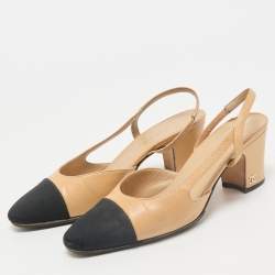 Chanel Beige/Black Leather and Fabric CC Cap Toe Slingback Pumps Size 35