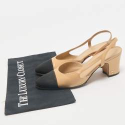 Chanel Beige/Black Leather and Fabric CC Cap Toe Slingback Pumps Size 35