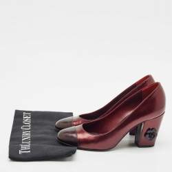 Chanel Burgundy Leather Cap Toe Camellia Flower Embellished Block Heel Pumps Size 39