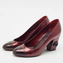 Chanel Burgundy Leather Cap Toe Camellia Flower Embellished Block Heel Pumps Size 39