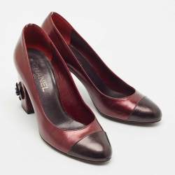 Chanel Burgundy Leather Cap Toe Camellia Flower Embellished Block Heel Pumps Size 39