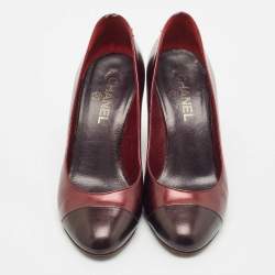 Chanel Burgundy Leather Cap Toe Camellia Flower Embellished Block Heel Pumps Size 39