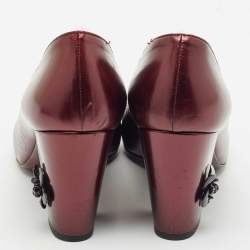 Chanel Burgundy Leather Cap Toe Camellia Flower Embellished Block Heel Pumps Size 39