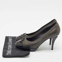 Chanel Black Lurex Fabric and Patent Leather Bow CC Cap Toe Chain Platform Pumps Size 38.5