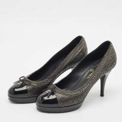 Chanel Black Lurex Fabric and Patent Leather Bow CC Cap Toe Chain Platform Pumps Size 38.5