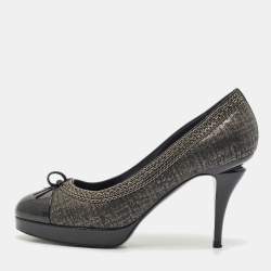Chanel Black Lurex Fabric and Patent Leather Bow CC Cap Toe Chain Platform Pumps Size 38.5