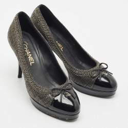 Chanel Black Lurex Fabric and Patent Leather Bow CC Cap Toe Chain Platform Pumps Size 38.5