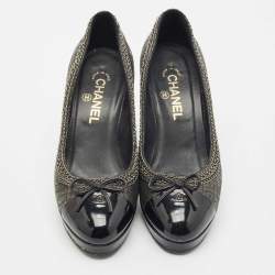 Chanel Black Lurex Fabric and Patent Leather Bow CC Cap Toe Chain Platform Pumps Size 38.5