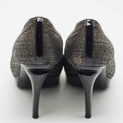Chanel Black Lurex Fabric and Patent Leather Bow CC Cap Toe Chain Platform Pumps Size 38.5