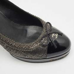 Chanel Black Lurex Fabric and Patent Leather Bow CC Cap Toe Chain Platform Pumps Size 38.5