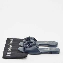 Chanel Navy Blue Leather Camellia Flat Slide Sandals Size 38.5