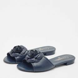 Chanel Navy Blue Leather Camellia Flat Slide Sandals Size 38.5