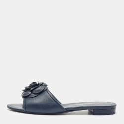 Chanel Navy Blue Leather Camellia Flat Slide Sandals Size 38.5