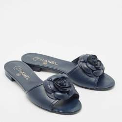 Chanel Navy Blue Leather Camellia Flat Slide Sandals Size 38.5