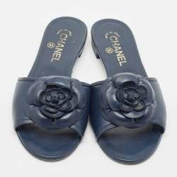Chanel Navy Blue Leather Camellia Flat Slide Sandals Size 38.5