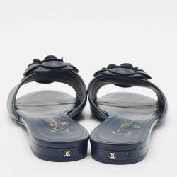 Chanel Navy Blue Leather Camellia Flat Slide Sandals Size 38.5