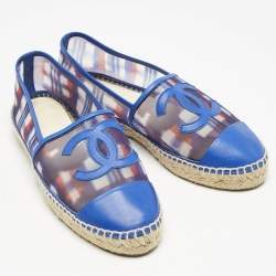 Chanel Blue Plaid Print Mesh and Leather CC Espadrille Flats Size 40