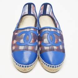 Chanel Blue Plaid Print Mesh and Leather CC Espadrille Flats Size 40