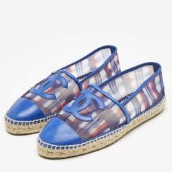 Chanel Blue Plaid Print Mesh and Leather CC Espadrille Flats Size 40