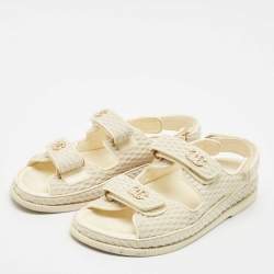 Pre Owned Chanel Grey Fabric Pearl Embellished CC Dad Flat Sandals Size 38