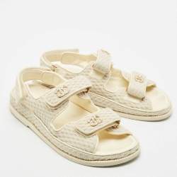 Pre Owned Chanel Grey Fabric Pearl Embellished CC Dad Flat Sandals Size 38