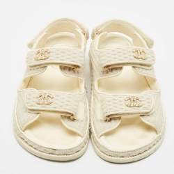 Pre Owned Chanel Grey Fabric Pearl Embellished CC Dad Flat Sandals Size 38