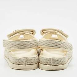 Pre Owned Chanel Grey Fabric Pearl Embellished CC Dad Flat Sandals Size 38