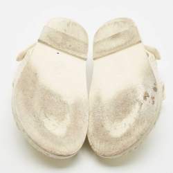 Pre Owned Chanel Grey Fabric Pearl Embellished CC Dad Flat Sandals Size 38