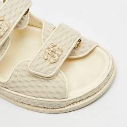 Pre Owned Chanel Grey Fabric Pearl Embellished CC Dad Flat Sandals Size 38