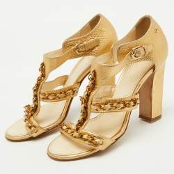 Chanel Metallic Gold Leather Strappy Chain Link Detail CC Sandals Size 39