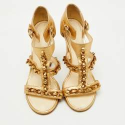 Chanel Metallic Gold Leather Strappy Chain Link Detail CC Sandals Size 39