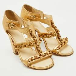 Chanel Metallic Gold Leather Strappy Chain Link Detail CC Sandals Size 39