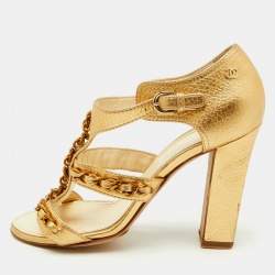 Chanel Metallic Gold Leather Strappy Chain Link Detail CC Sandals Size 39