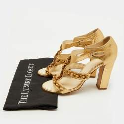 Chanel Metallic Gold Leather Strappy Chain Link Detail CC Sandals Size 39