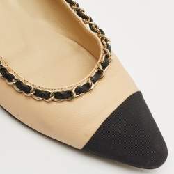 Chanel Beige/Black Leather Cap Toe Ballet Pumps Size 36