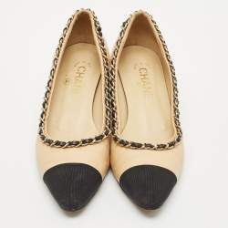 Chanel Beige/Black Leather Cap Toe Ballet Pumps Size 36