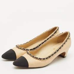 Chanel Beige/Black Leather Cap Toe Ballet Pumps Size 36