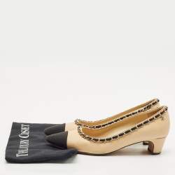 Chanel Beige/Black Leather Cap Toe Ballet Pumps Size 36