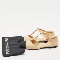 Pre Owned Chanel Beige/Black Canvas and Leather  Interlocking CC Logo Ballet Flats Size 37.5