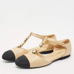Pre Owned Chanel Beige/Black Canvas and Leather  Interlocking CC Logo Ballet Flats Size 37.5