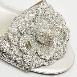 Chanel Silver Glitter and Leather Camellia Flat Slide Sandals Size 39.5