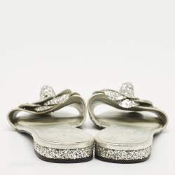 Chanel Silver Glitter and Leather Camellia Flat Slide Sandals Size 39.5