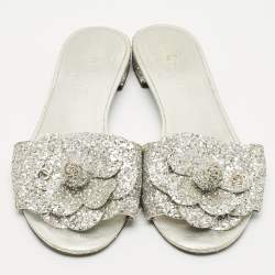 Chanel Silver Glitter and Leather Camellia Flat Slide Sandals Size 39.5